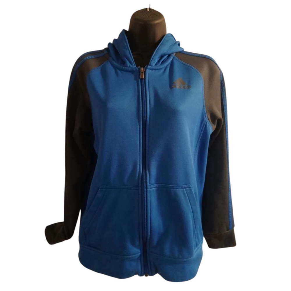 Adidas Youth Blue & Black Colorblock Full-Zip Hoodie - Size L (14/16) - JC415